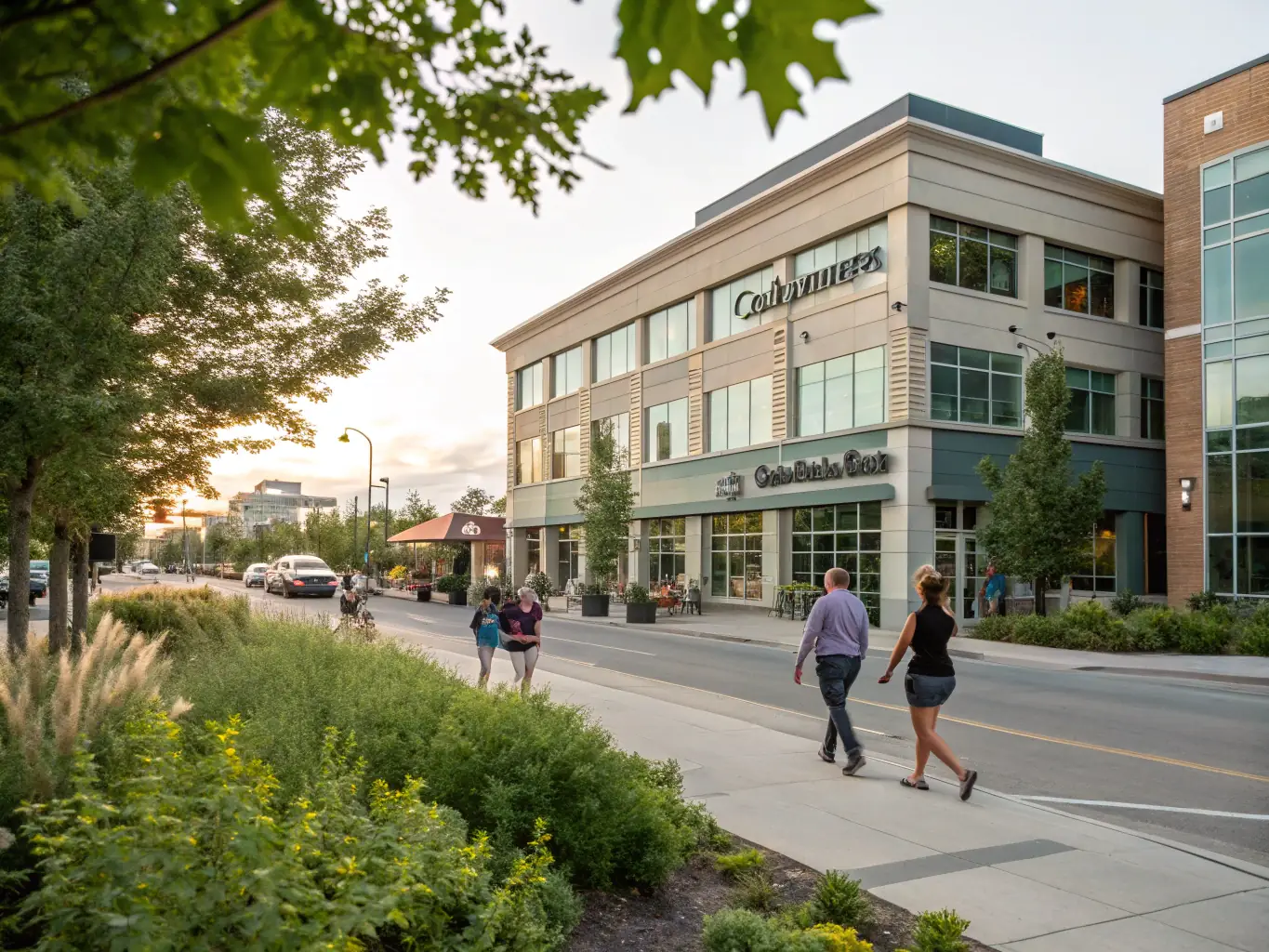 A modern office building in downtown Calgary, Alberta, with the Commissioner for Oaths logo subtly displayed. The image emphasizes the accessibility and professional environment of the downtown location.