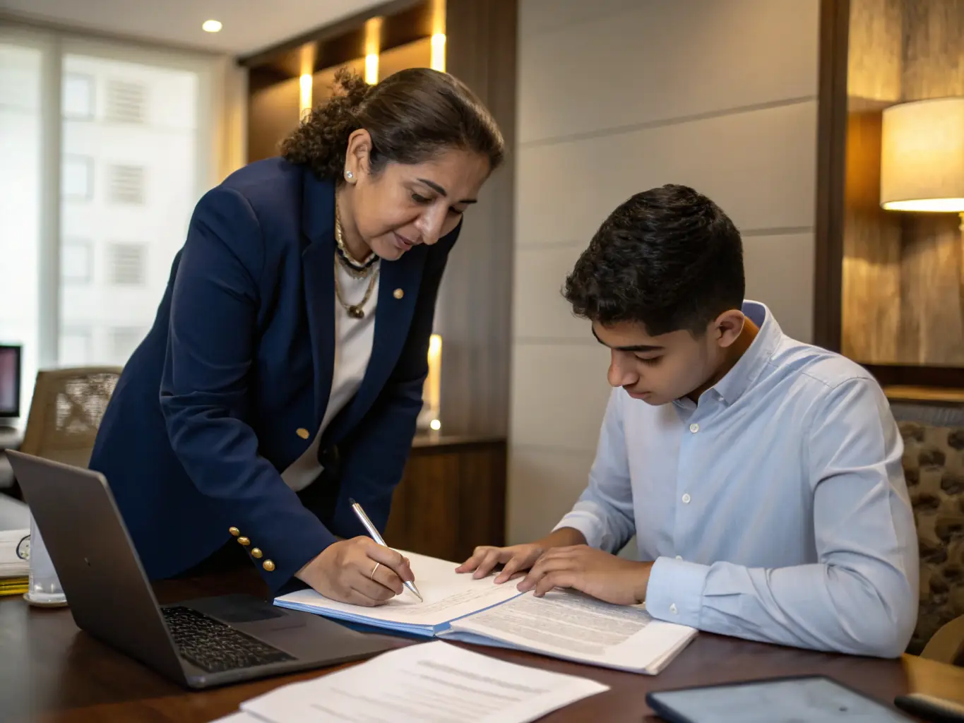 A commissioner for oaths assisting a client with document signing, showcasing the same-day service. The image conveys efficiency and promptness.